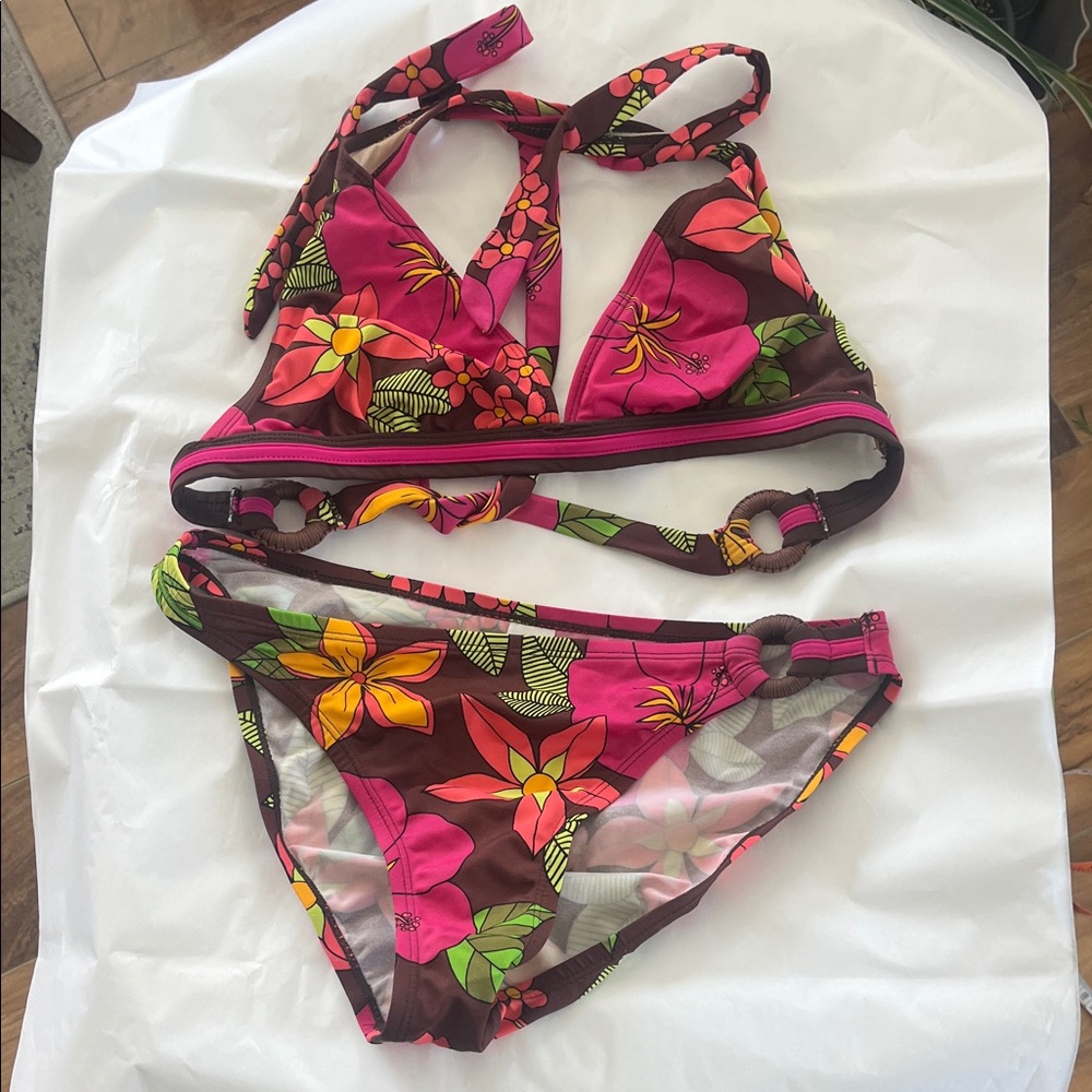Personal Identity Floral Two-Piece Swim Set - Pink/Brown size large